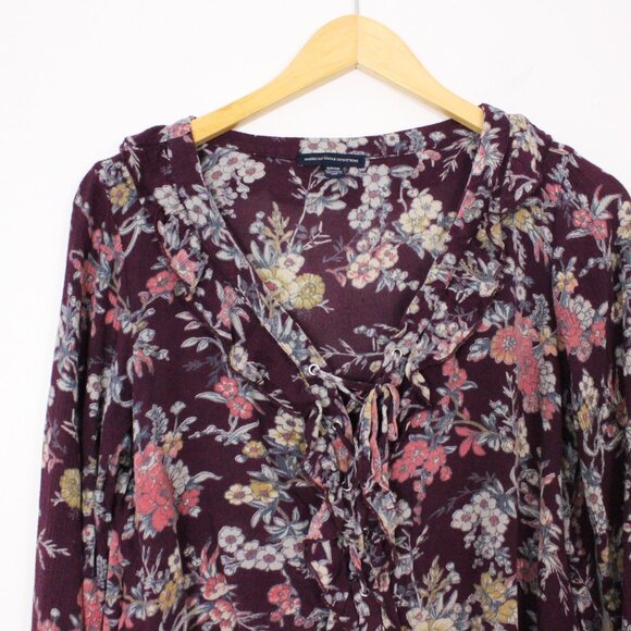 *American Eagle Floral Blouse Shirt Purple Flowy Long Sleeve - Picture 5 of 7